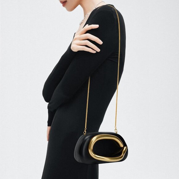 Women's Black Leather Formal Trendy Evening Clutch Shoulder Strap Handle Bags - Picture 4 of 7